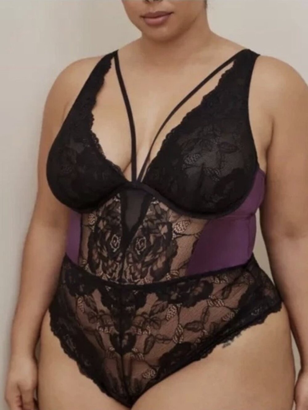 Torrid 2X Bodysuit Lingerie Sexy Purple Satin Black Lace Retro Plunge Wired